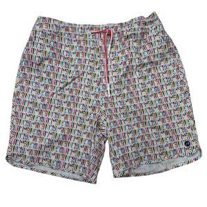 Johnnie-O Mens Swim Shorts Size M White All Over Surfboard Print 7" inseam
